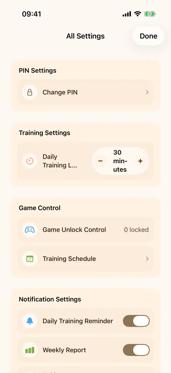 FocusKids 应用截图：家长控制面板与训练进度