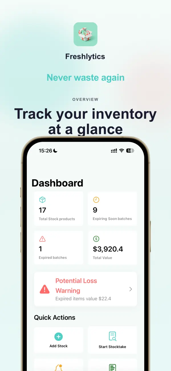 Freshlytics 应用截图：库存仪表板