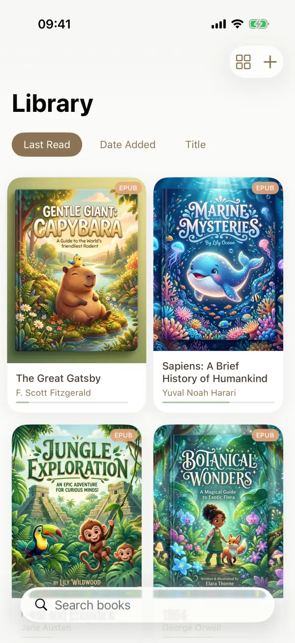 FusionRead 截图：书库管理，EPUB 与 PDF 书籍井然有序